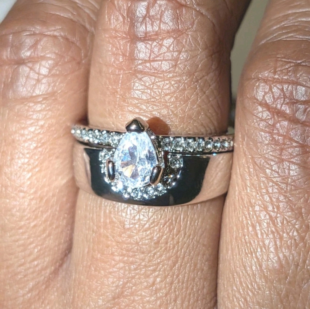 Silver Plated Pear-Cut CZ Ring Set - Sparkling White Stones7